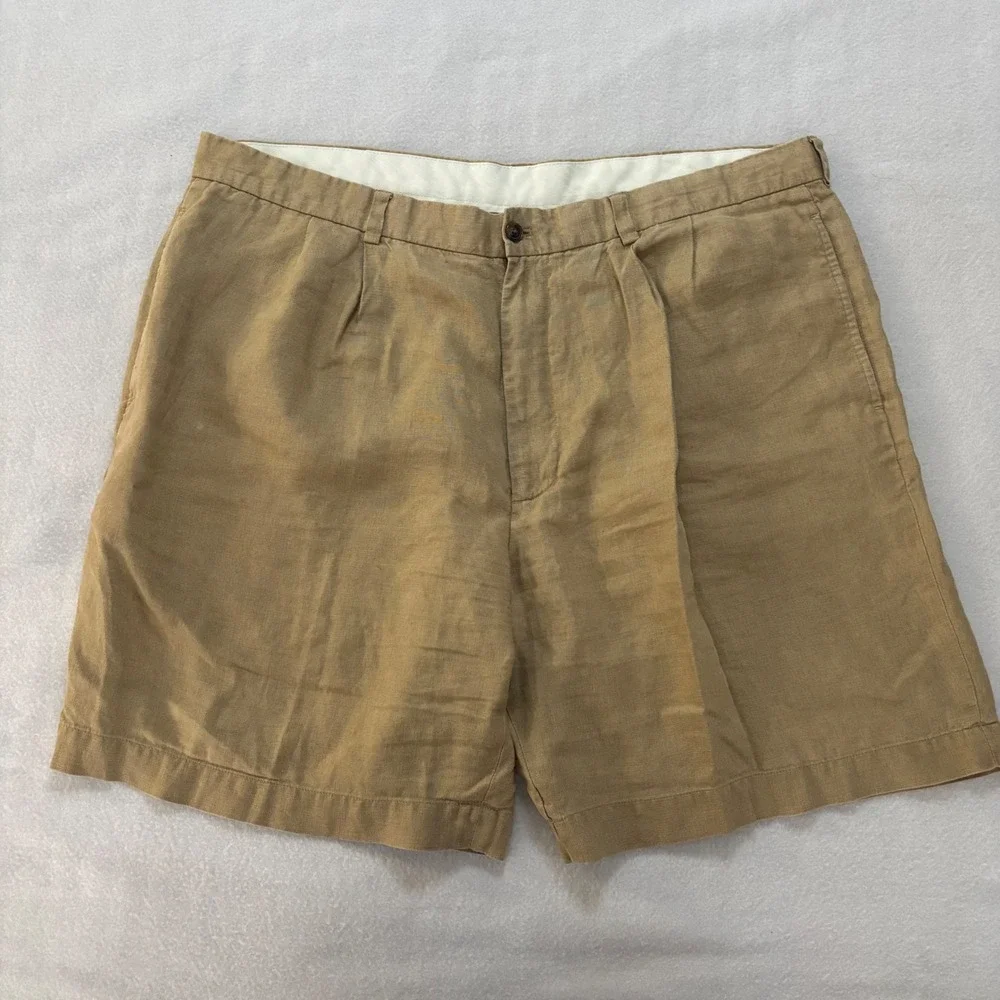 Brooks Brothers 346 Mens Tan 100% Linen Pleated Shorts Khaki Size 42